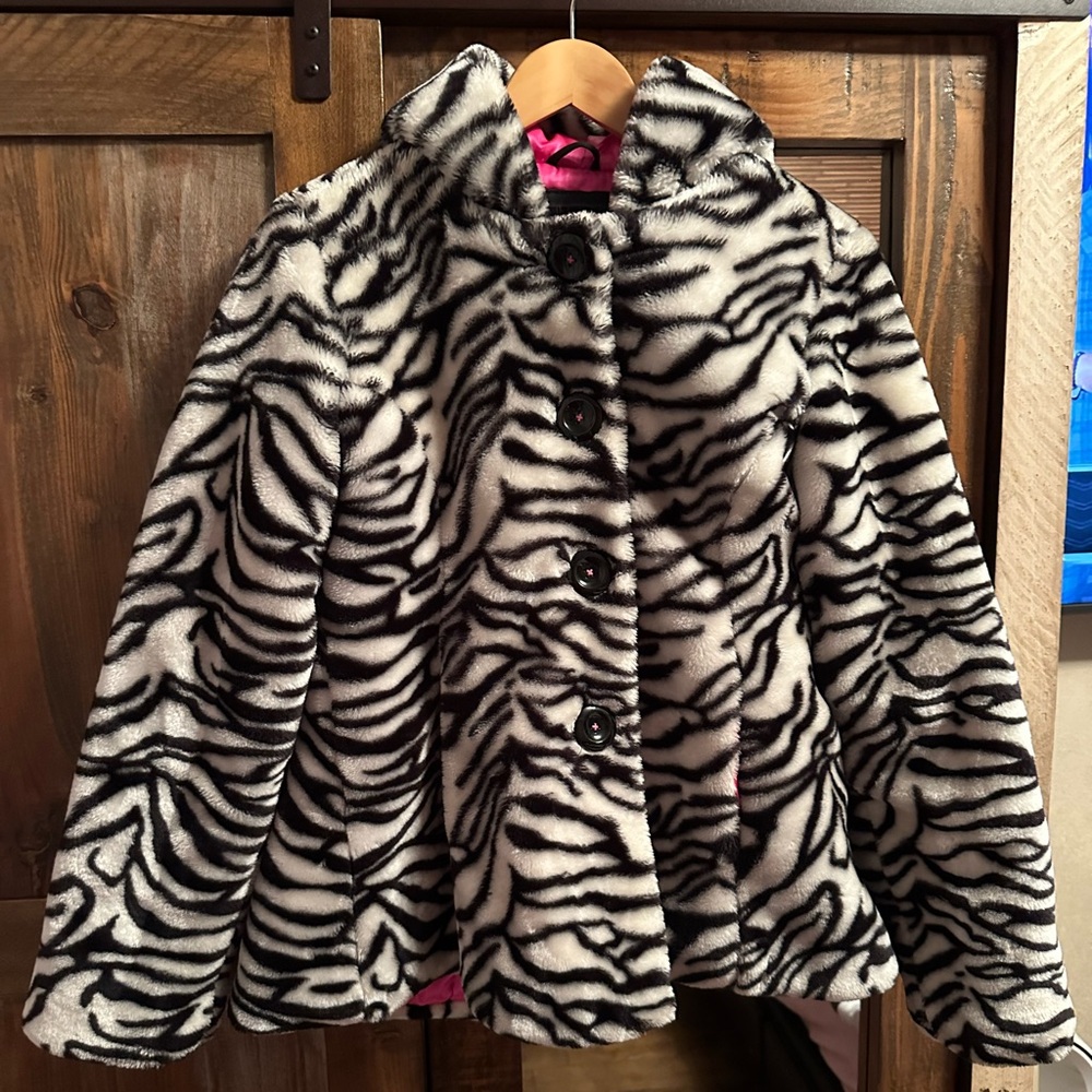 Hemisphere Hooded Zebra Faux Fur Coat Girls 14-16